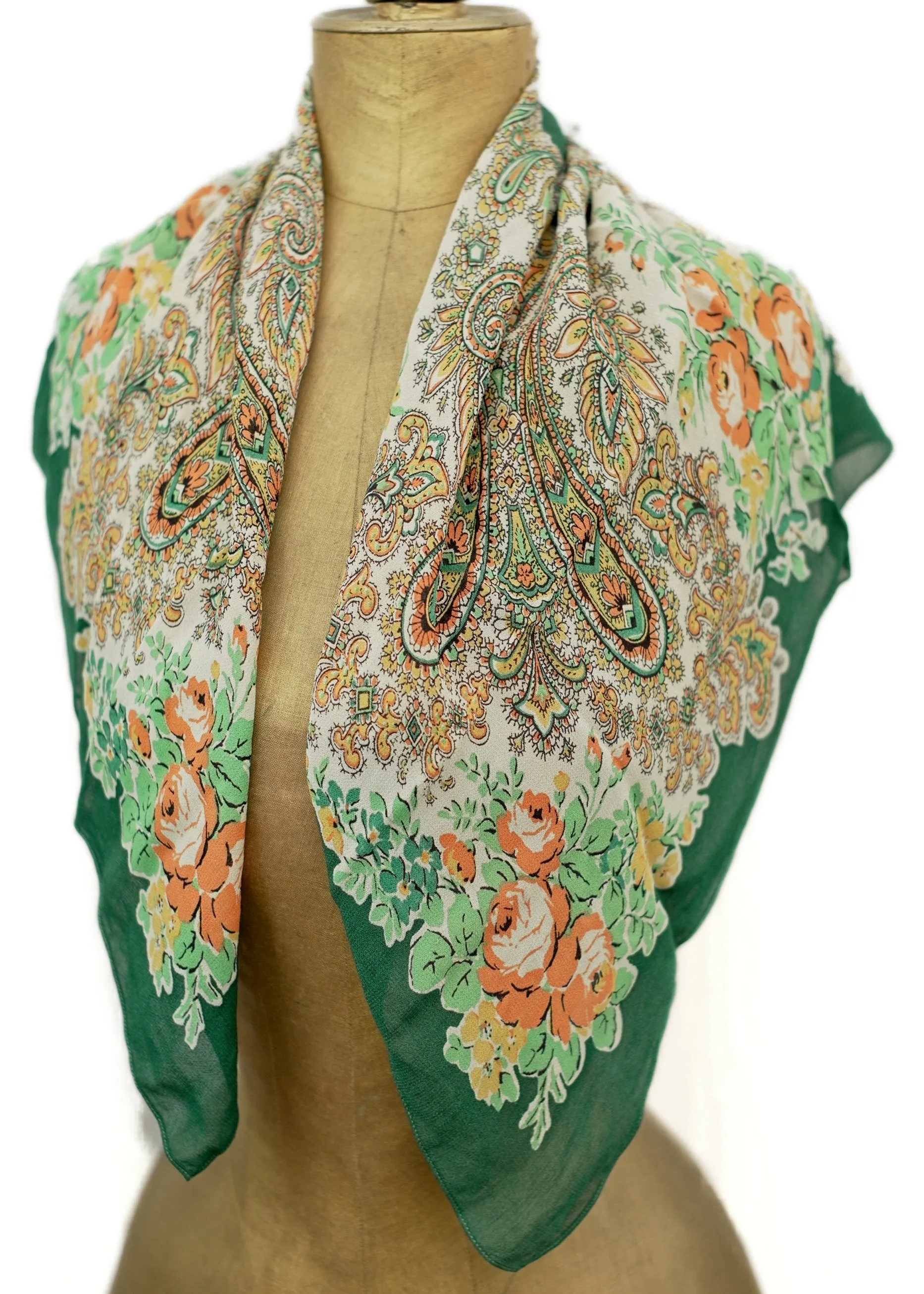 Vintage 40s Green and Orange Floral Crepe Scarf Shawl