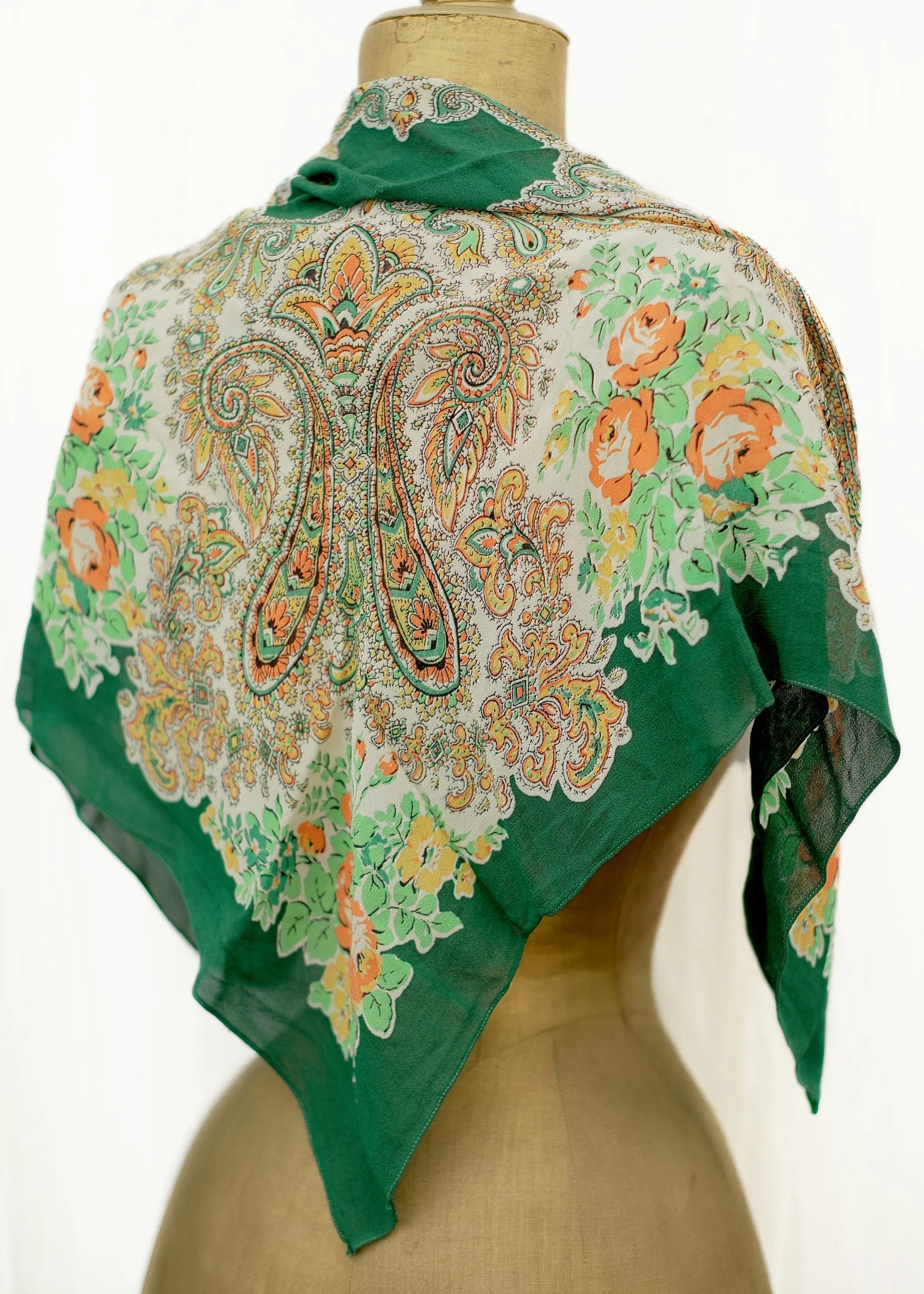 Vintage 40s Green and Orange Floral Crepe Scarf Shawl