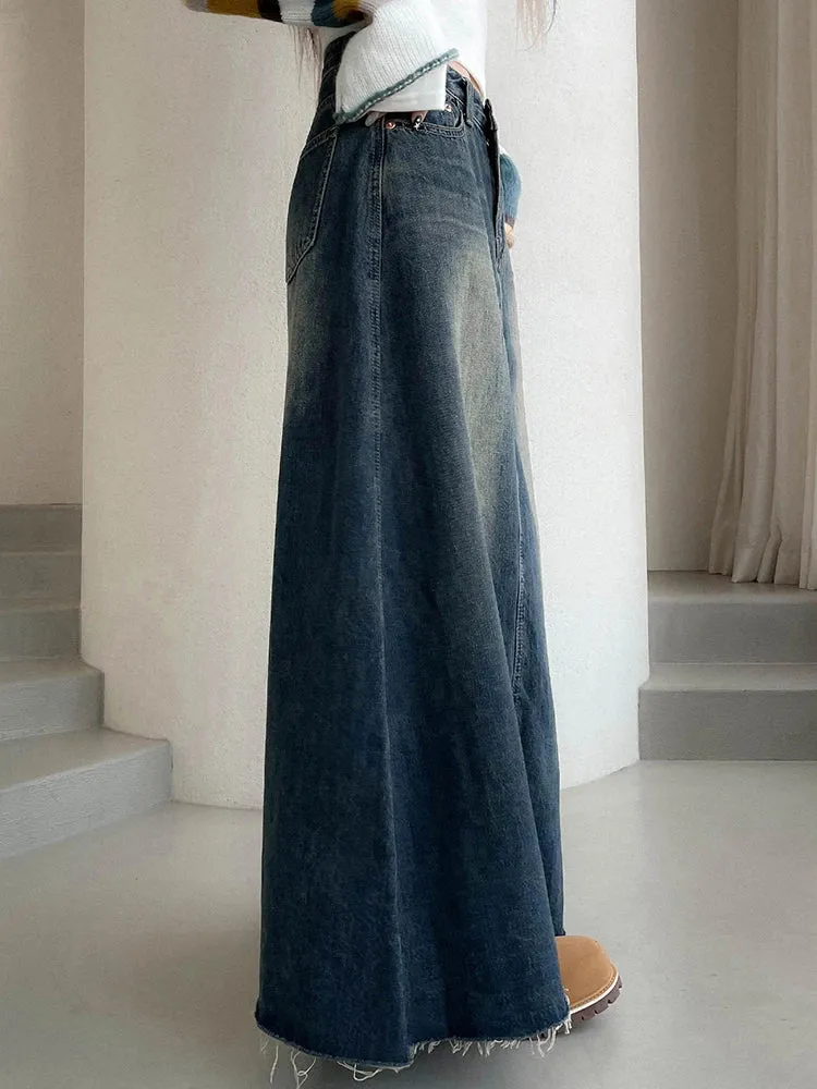 Vintage Harajuku Burr Distressed Low Waist Denim Skirt Women Loose Korean Washed Casual Long Skirts Outfits Aesthetic