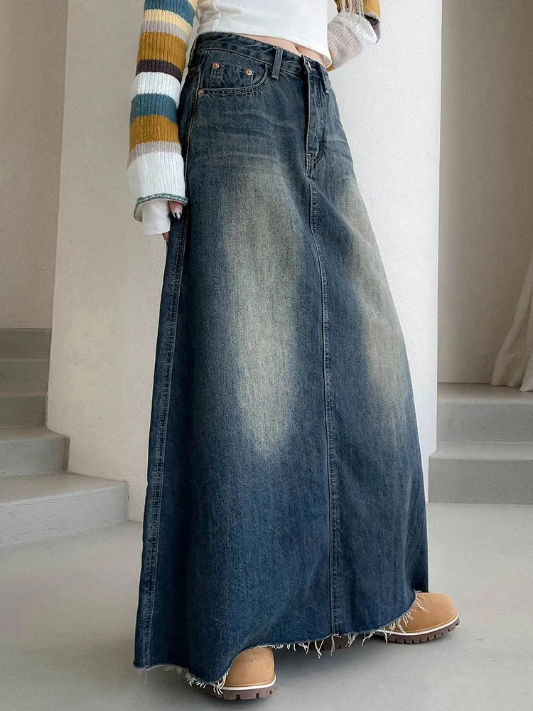 Vintage Harajuku Burr Distressed Low Waist Denim Skirt Women Loose Korean Washed Casual Long Skirts Outfits Aesthetic