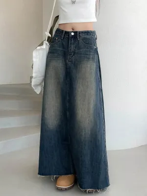 Vintage Harajuku Burr Distressed Low Waist Denim Skirt Women Loose Korean Washed Casual Long Skirts Outfits Aesthetic