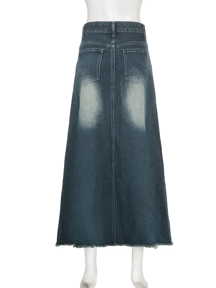 Vintage Harajuku Burr Distressed Low Waist Denim Skirt Women Loose Korean Washed Casual Long Skirts Outfits Aesthetic