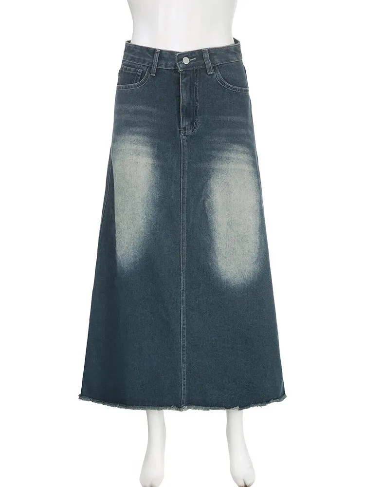 Vintage Harajuku Burr Distressed Low Waist Denim Skirt Women Loose Korean Washed Casual Long Skirts Outfits Aesthetic