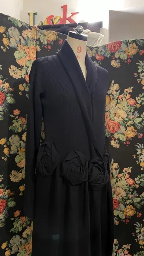 Vintage Sonia Rykiel Paris Designer Cardigan Coat 90s Maxi Length Wool Knit Navy Floral Wrap Tie Belt Italian Made UK 10