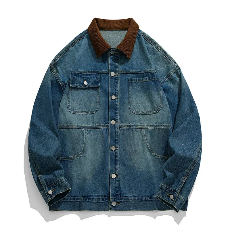 Wiaofellas  -  Brand Spliced Men Denim Jacket American Autumn Winter Corduroy Neckline Punk Jackets for Men Hip Hop Streetwear