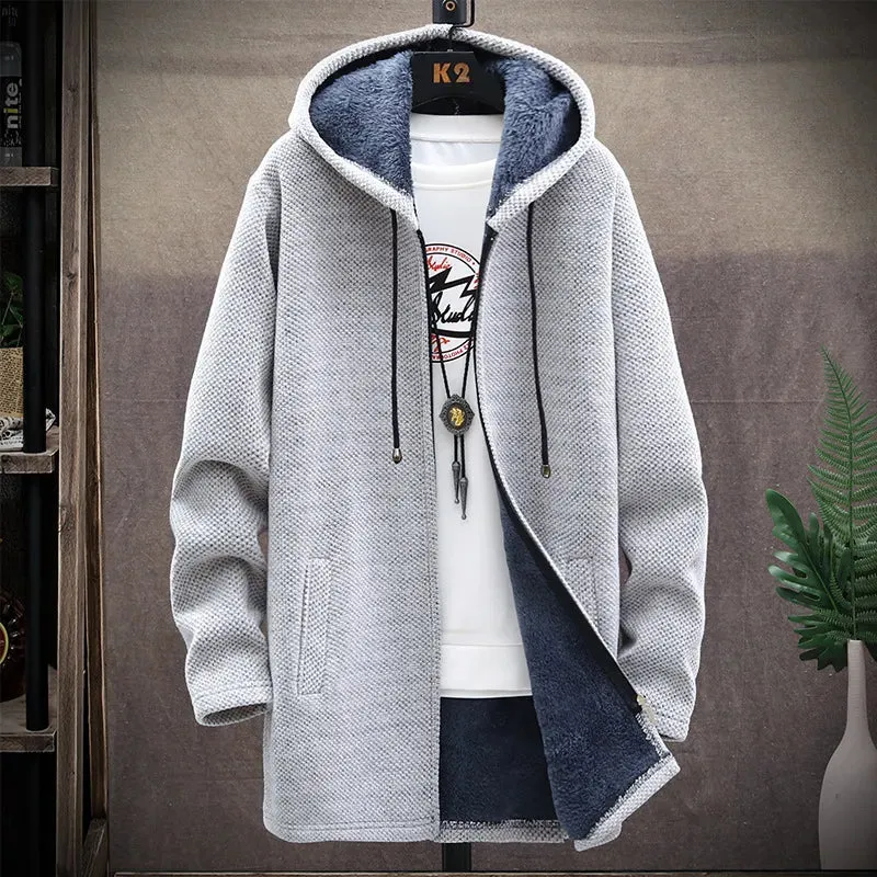 Winter Casual Men's Sweater Coat Warm Korean Hooded For Man Fleece Jacket Thicker Fashion Knitted Mid-length Jacket