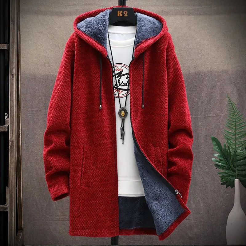 Winter Casual Men's Sweater Coat Warm Korean Hooded For Man Fleece Jacket Thicker Fashion Knitted Mid-length Jacket