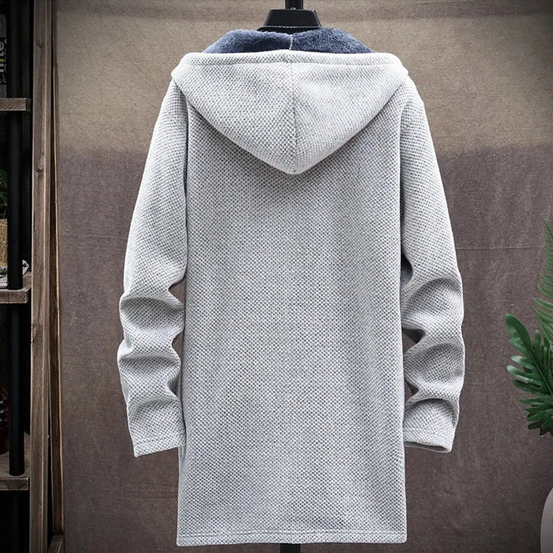 Winter Casual Men's Sweater Coat Warm Korean Hooded For Man Fleece Jacket Thicker Fashion Knitted Mid-length Jacket