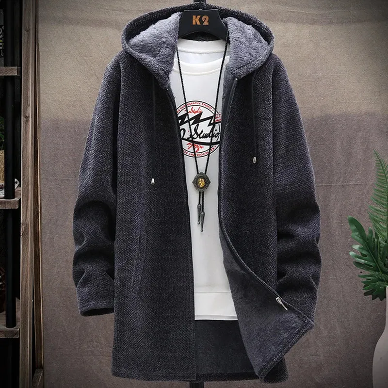 Winter Casual Men's Sweater Coat Warm Korean Hooded For Man Fleece Jacket Thicker Fashion Knitted Mid-length Jacket