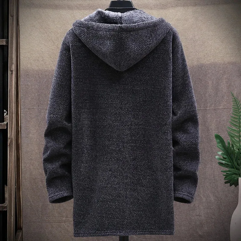 Winter Casual Men's Sweater Coat Warm Korean Hooded For Man Fleece Jacket Thicker Fashion Knitted Mid-length Jacket