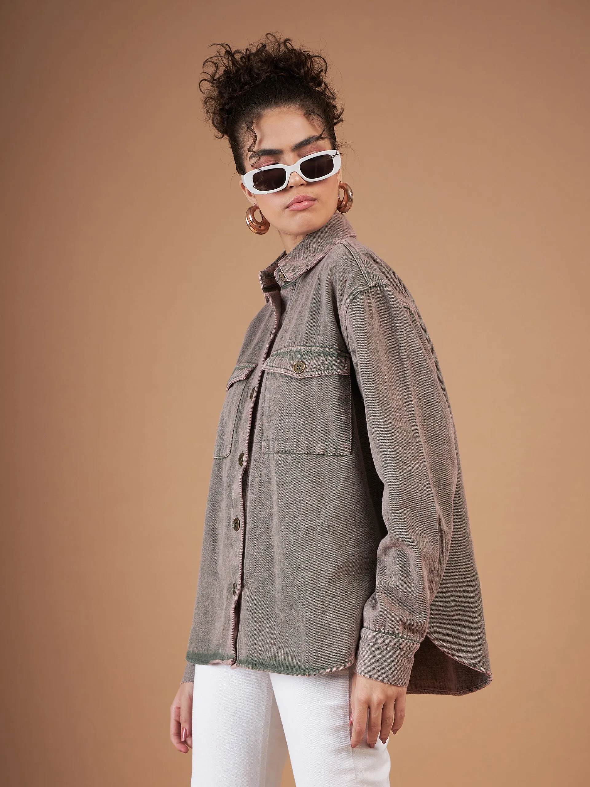 Women Beige Washed Denim Shacket