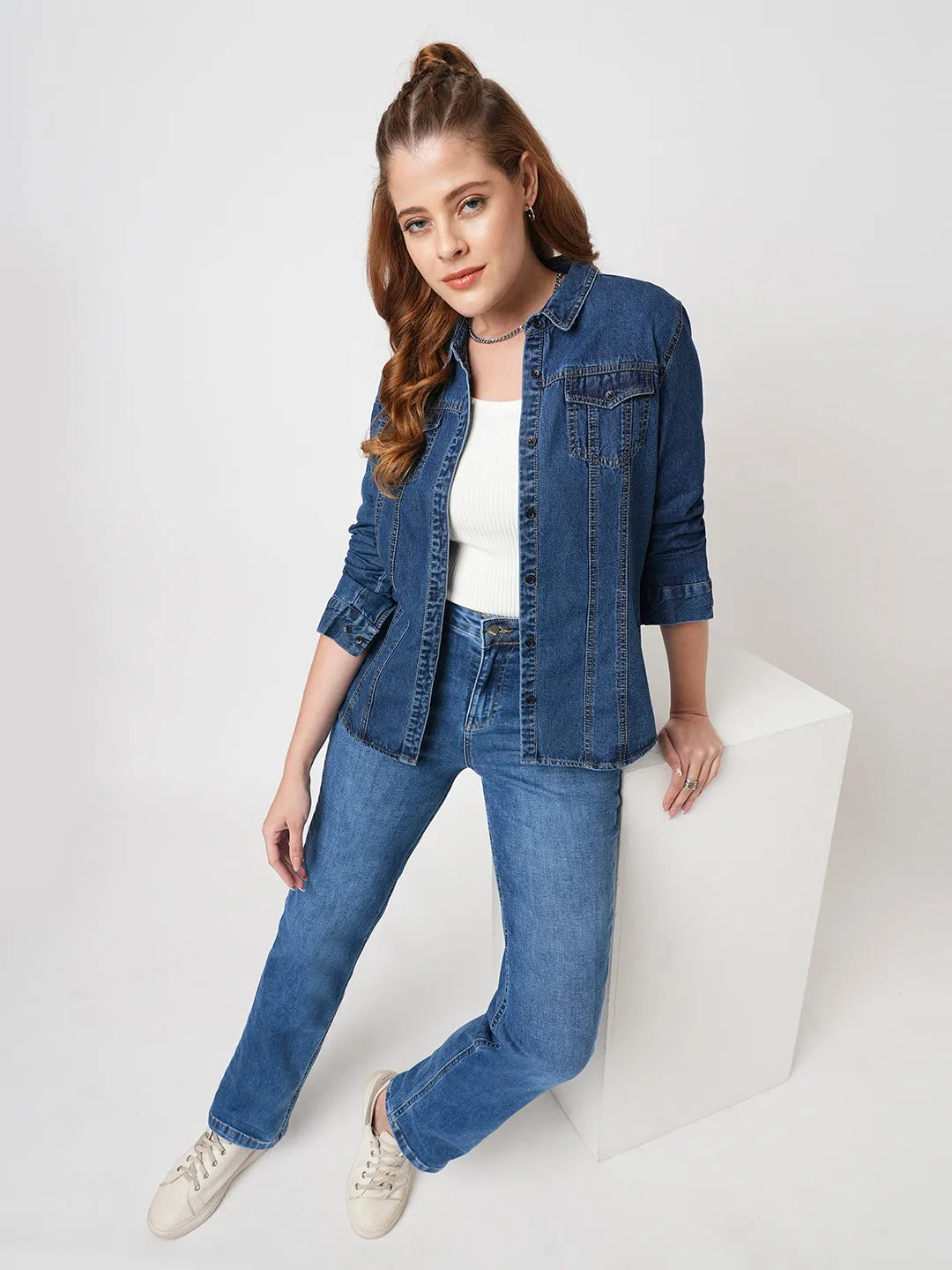 Women Slim Fit Blue Denim Shacket