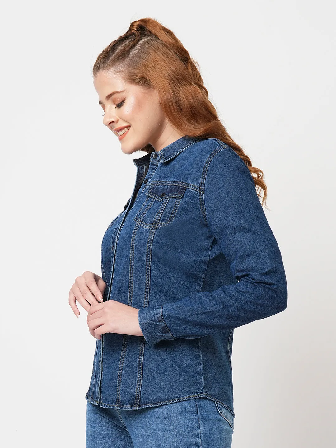 Women Slim Fit Blue Denim Shacket