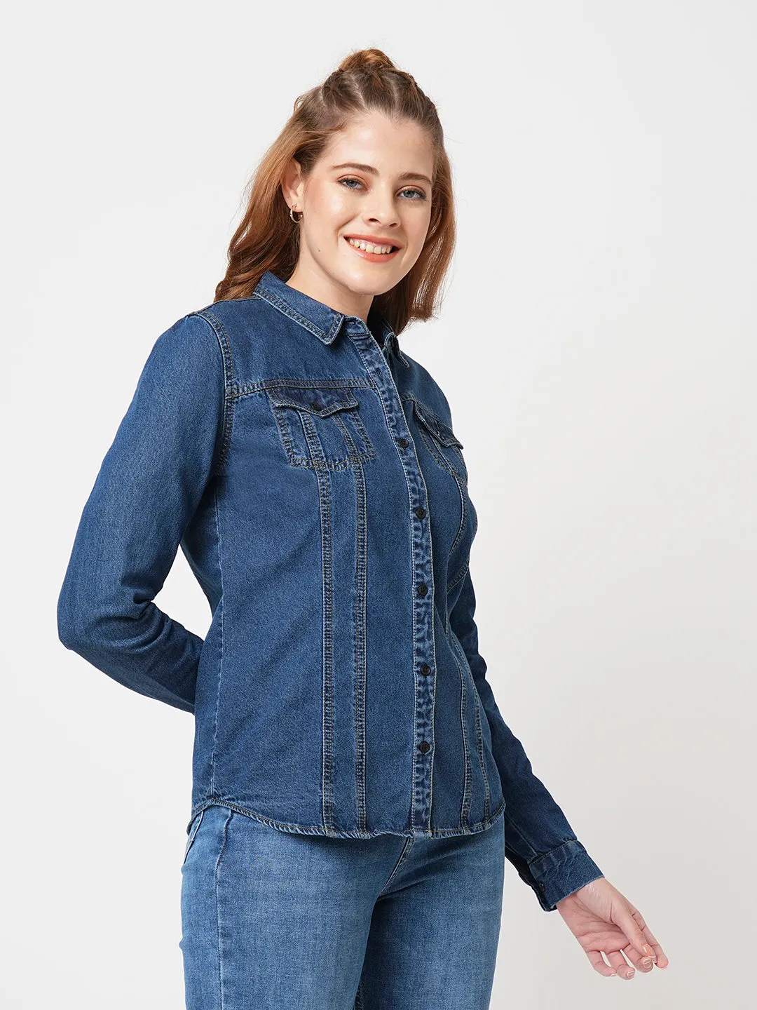 Women Slim Fit Blue Denim Shacket