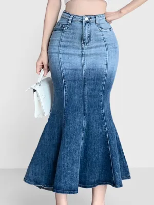 Womens High-Waisted Ombre Washed Denim Skirt - Fashionable Mermaid Cut, Trumpet Midi Style, Casual Versatile Streetwear with Comfortable Fit - Ideal for Daily Wear, Outdoor Activities, and Special Occasions