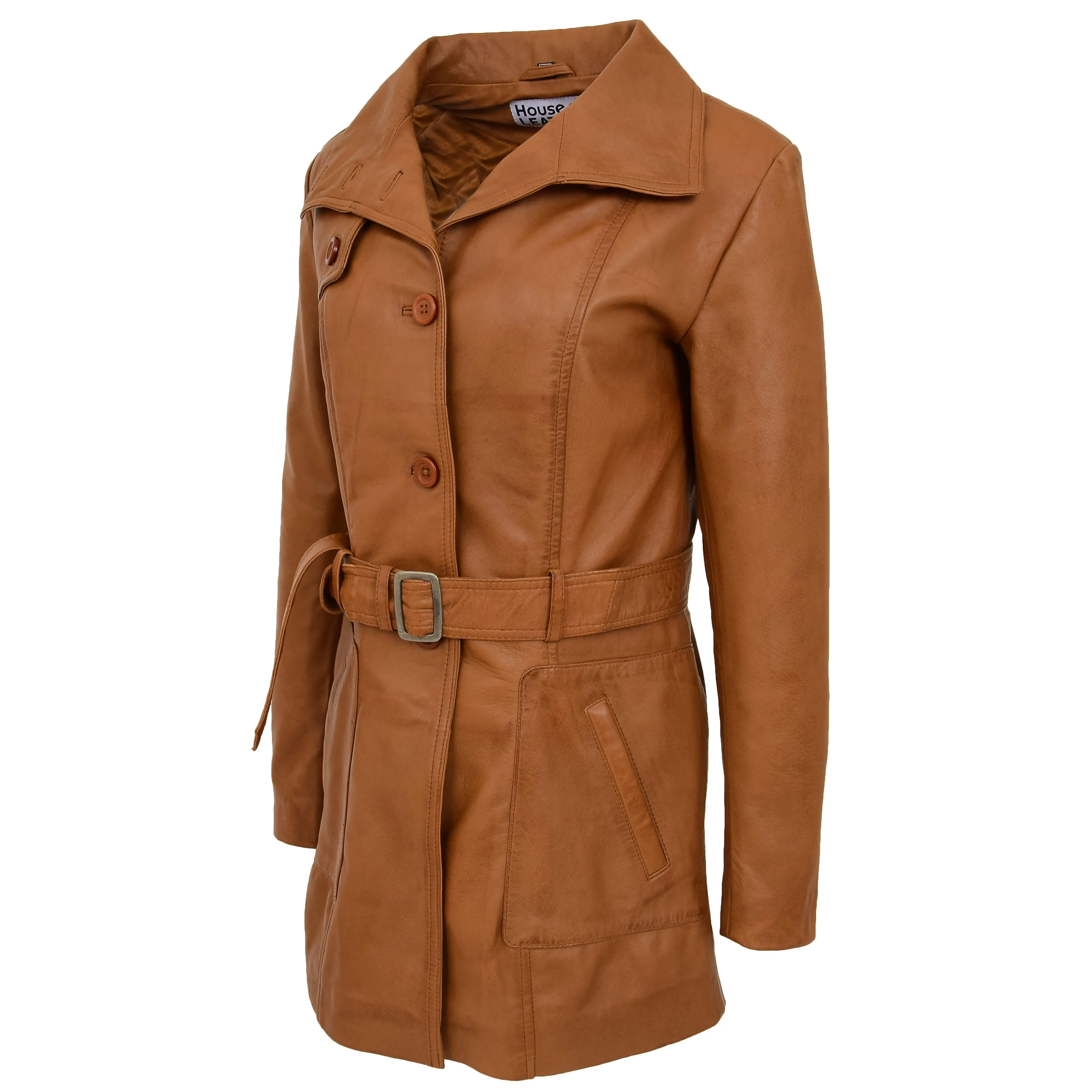 Womens Real Leather Mid Length Trench Parka Coat Alba Tan