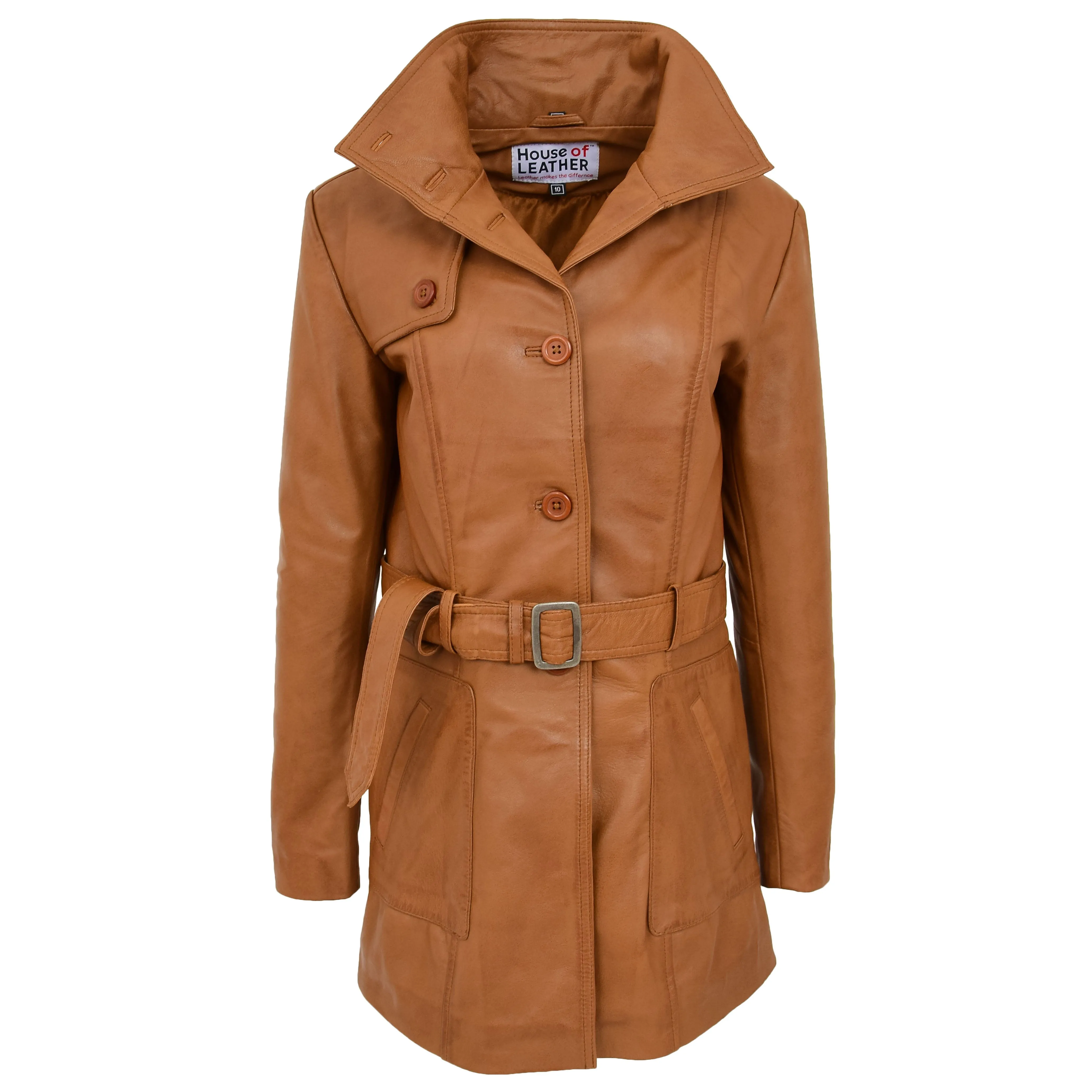 Womens Real Leather Mid Length Trench Parka Coat Alba Tan