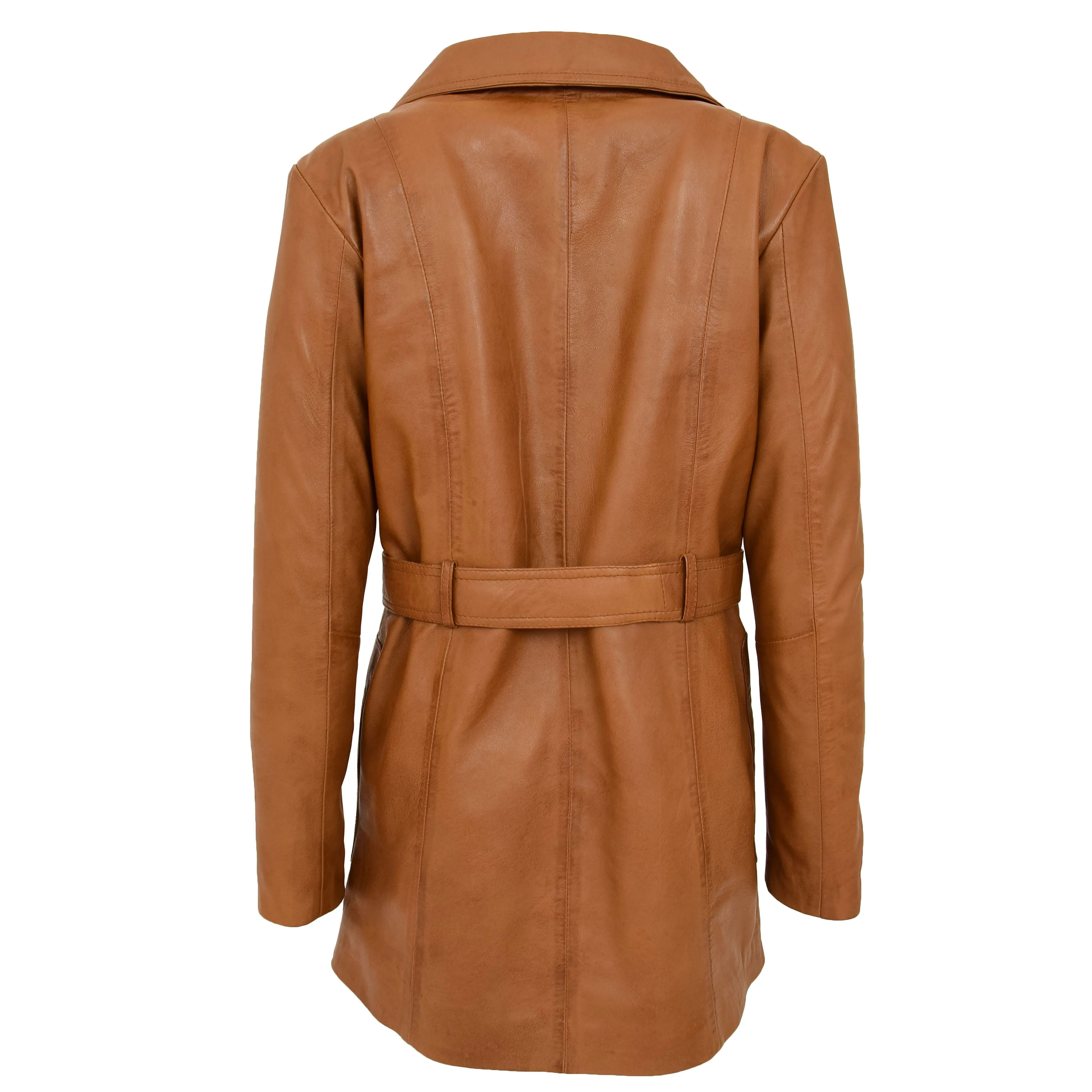 Womens Real Leather Mid Length Trench Parka Coat Alba Tan