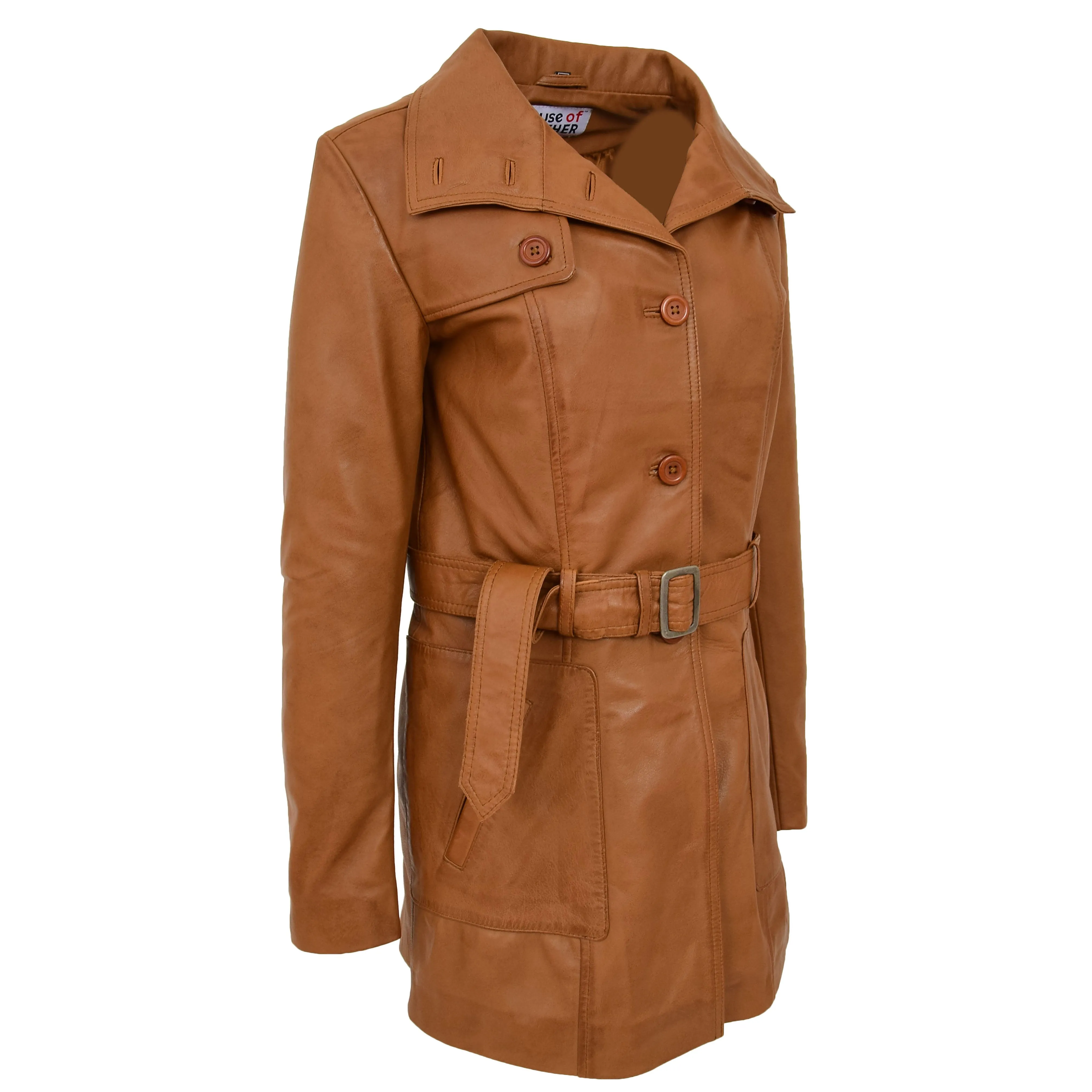 Womens Real Leather Mid Length Trench Parka Coat Alba Tan