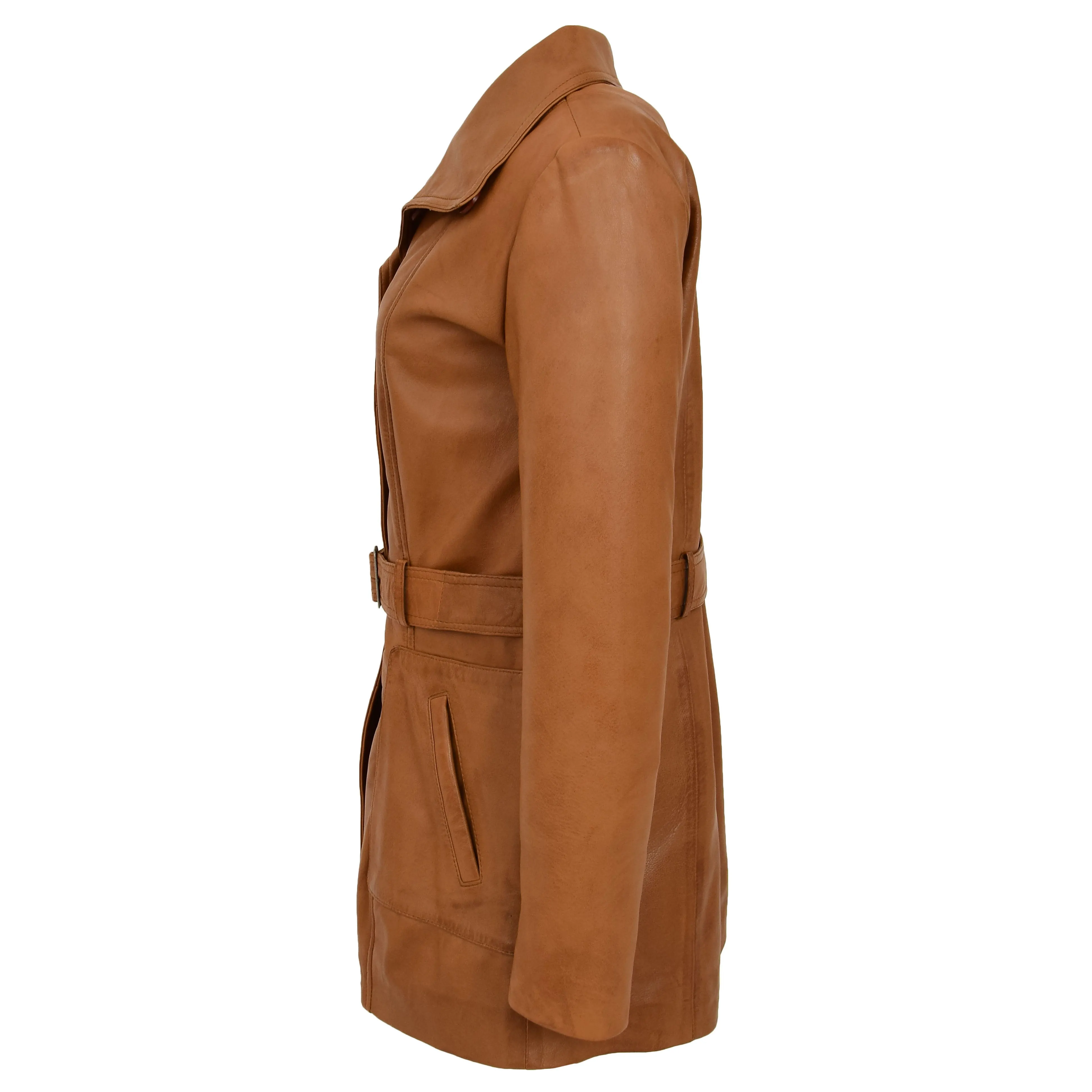 Womens Real Leather Mid Length Trench Parka Coat Alba Tan