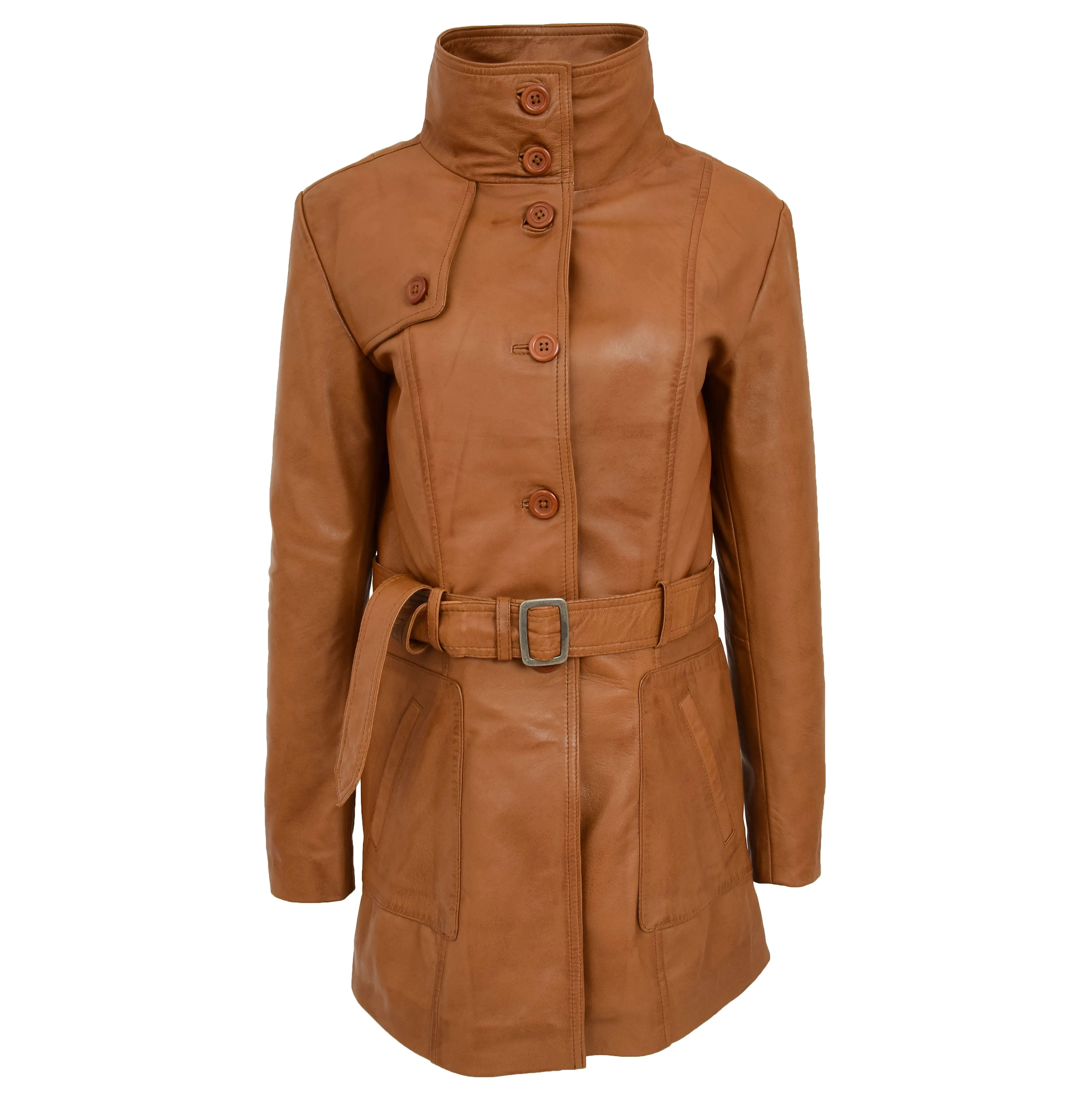 Womens Real Leather Mid Length Trench Parka Coat Alba Tan