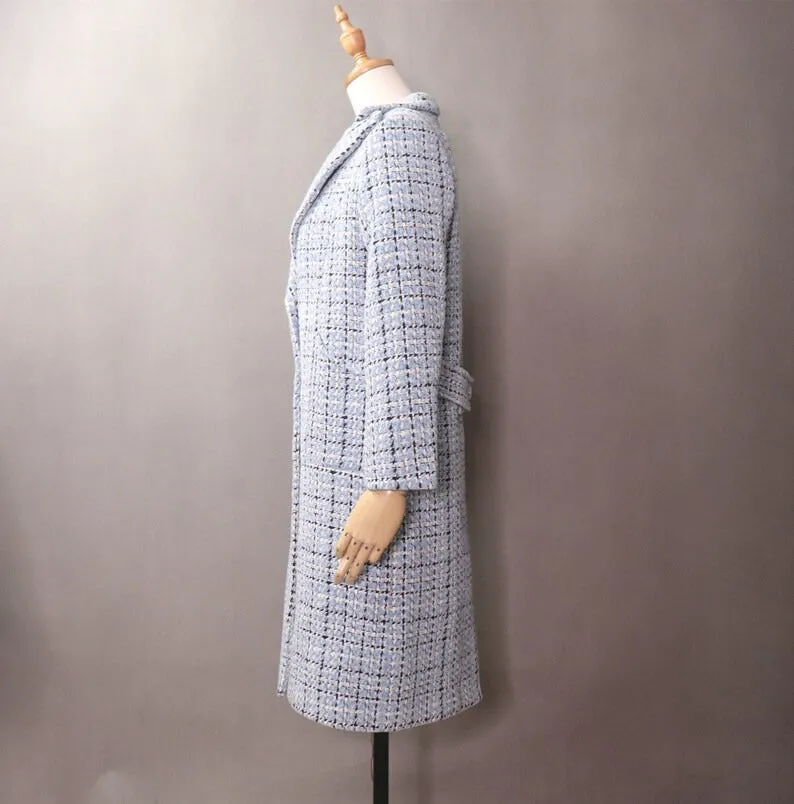 Women's Sky Blue Winter Checked Long Warm Coat