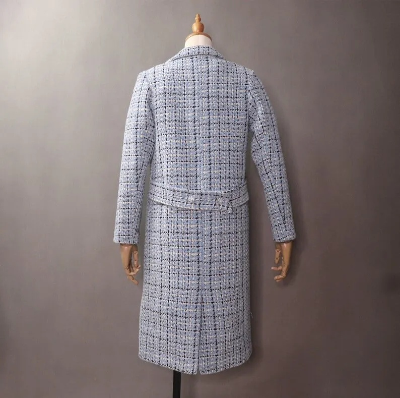 Women's Sky Blue Winter Checked Long Warm Coat