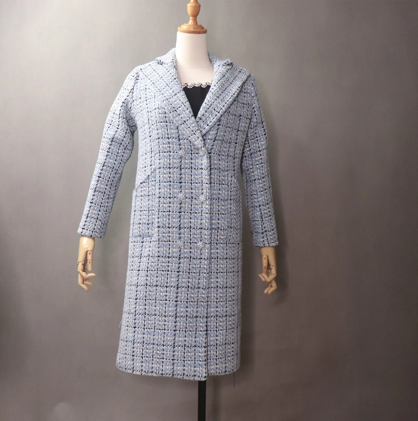 Women's Sky Blue Winter Checked Long Warm Coat