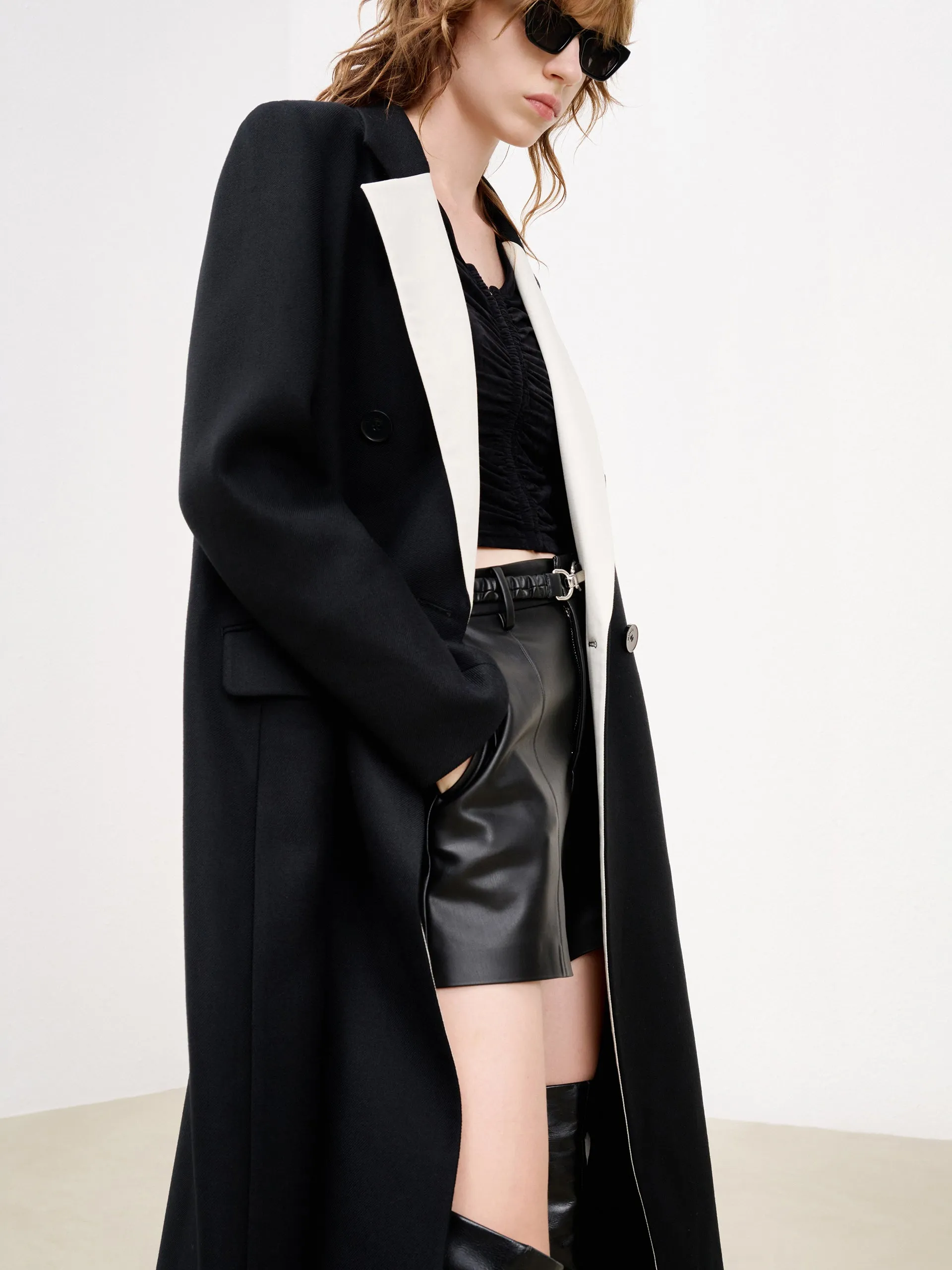 Wool Blend Contrast Long Coat