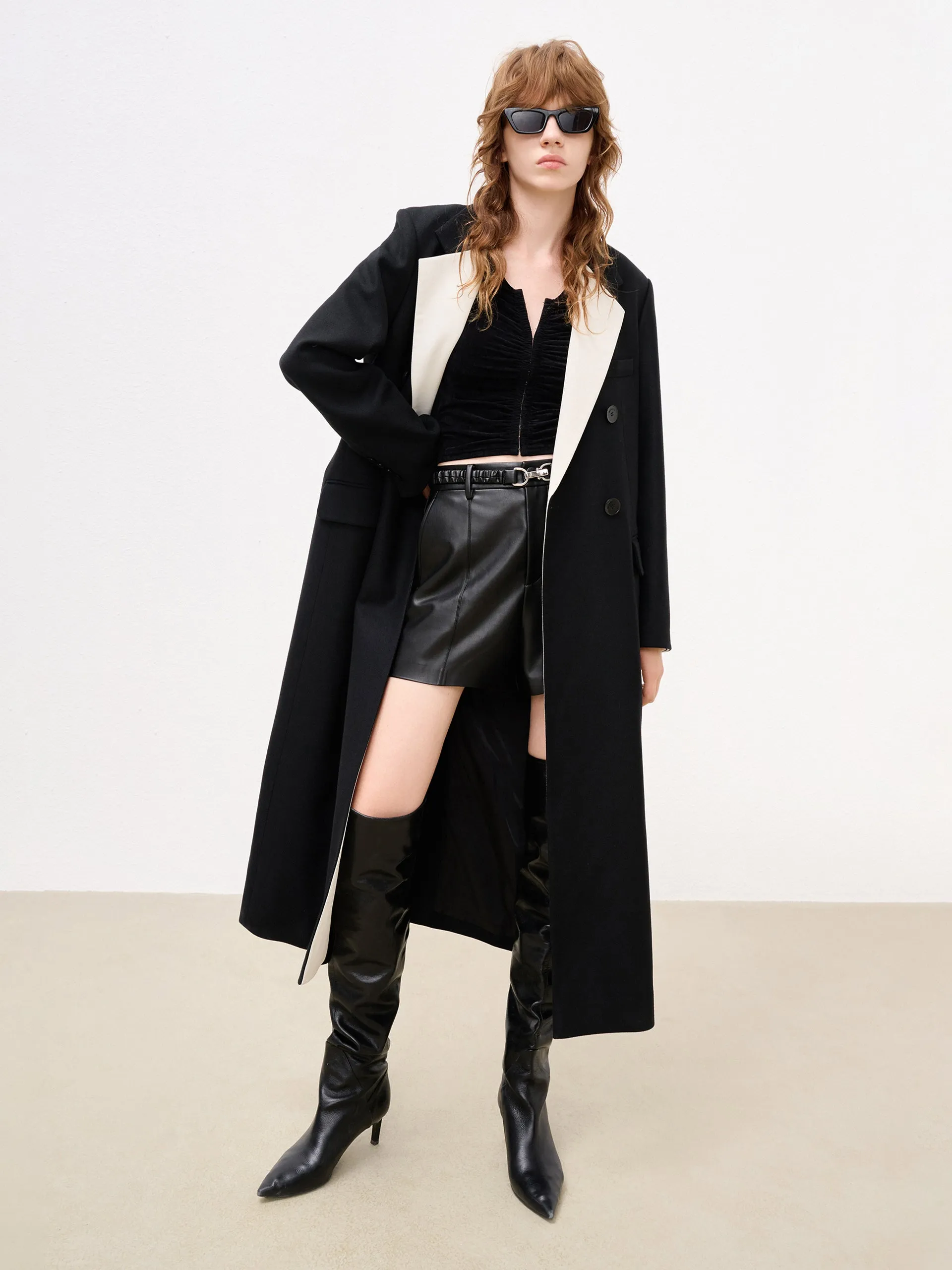 Wool Blend Contrast Long Coat