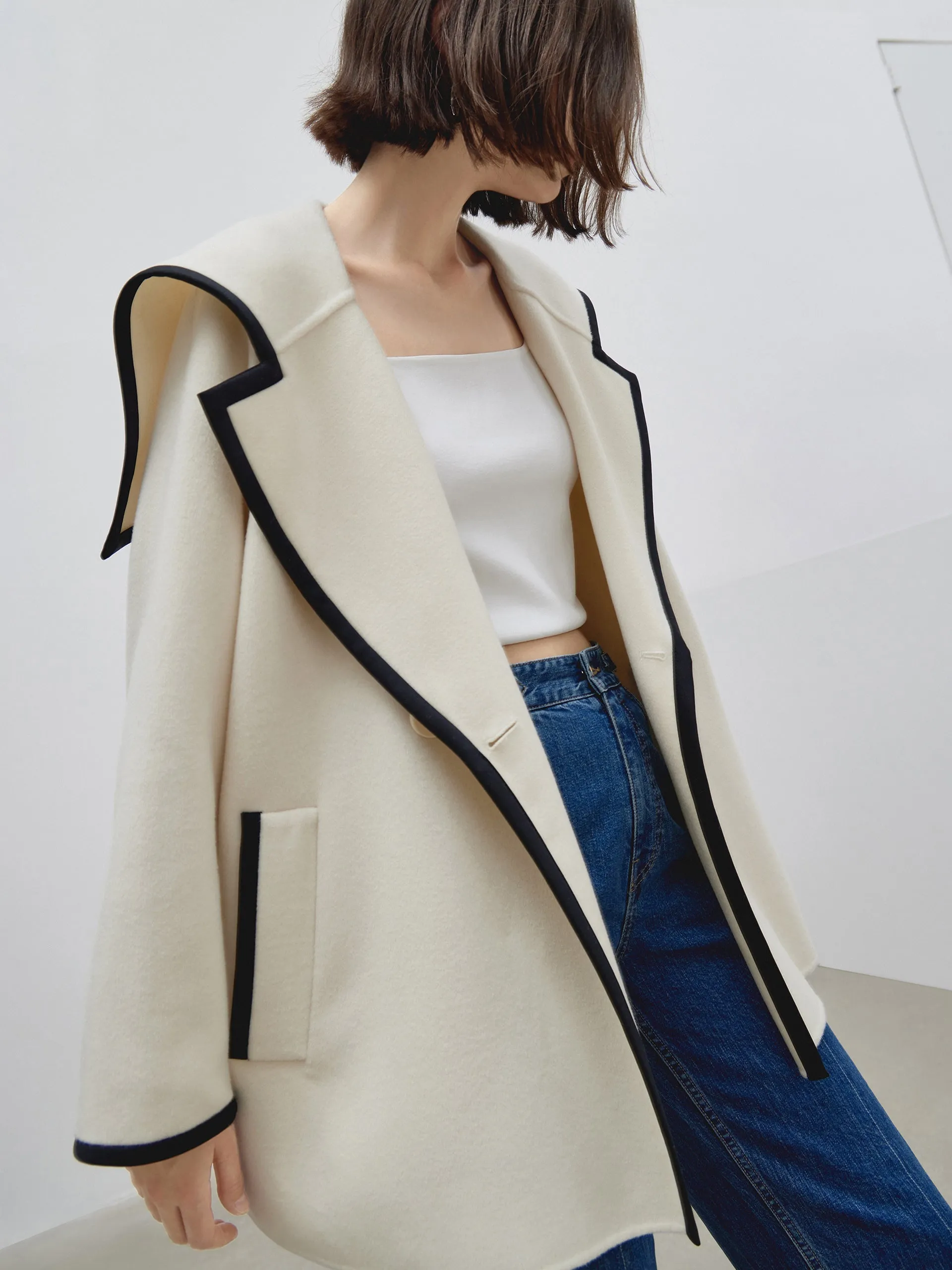 Wool Blend Contrast Pocketed Coat