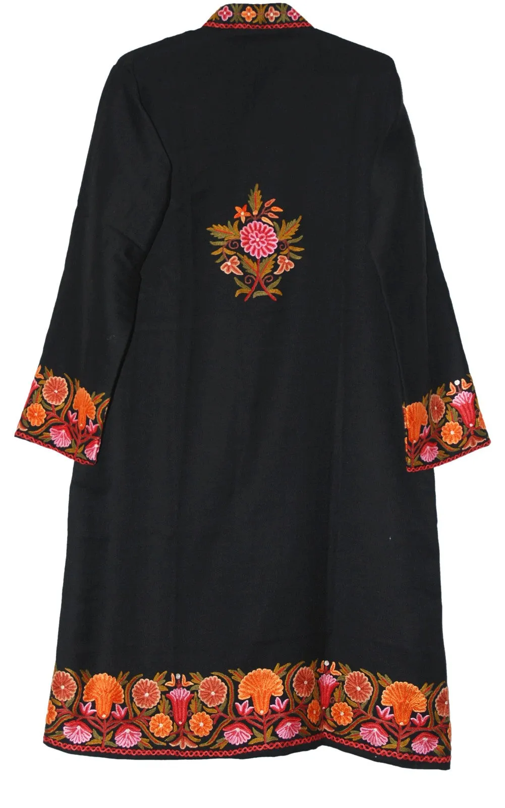 Woolen Coat Long Jacket Black, Multicolor Embroidery #BD-117